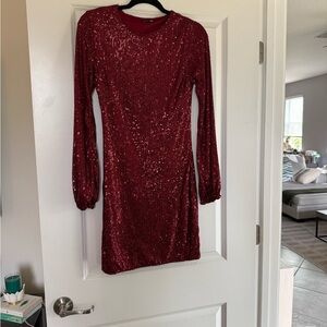 Fashion Nova Burgundy Sequin Long Sleeve Dress